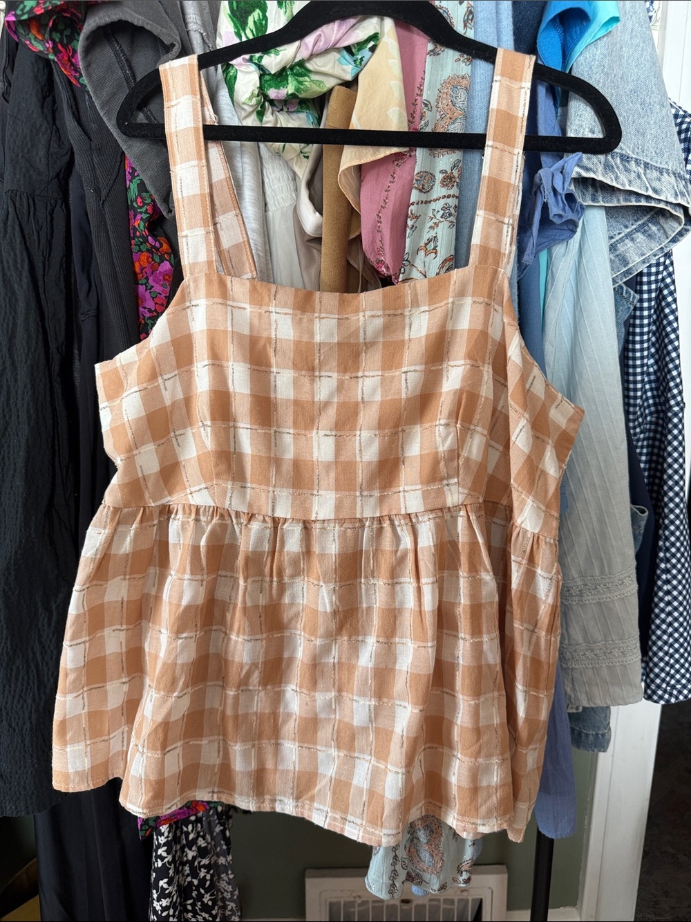 Sleeveless Plaid Peplum Top in Beige and White - Size L